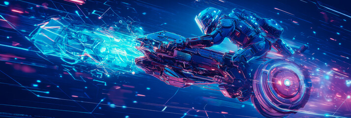 Neon racer in cyberspace: a futuristic pilot journeys through a digital realm concept for graphic novel, game, or poster.