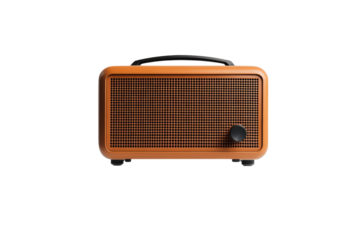 Small orange radio with a black handle sits on a white background, isolated