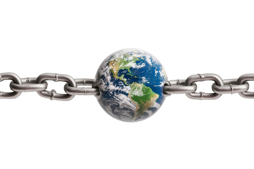 Chain is wrapped around a globe, symbolizing the connection between the earth, isolated