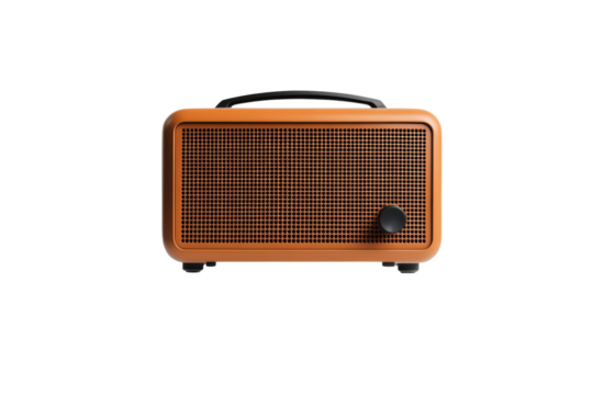 Small orange radio with a black handle sits on a white background, isolated