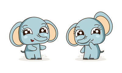 Cute cartoon elephant mascot standing in two poses
