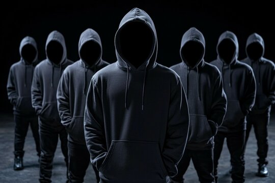 Group of people wearing black hoodies and standing in a line