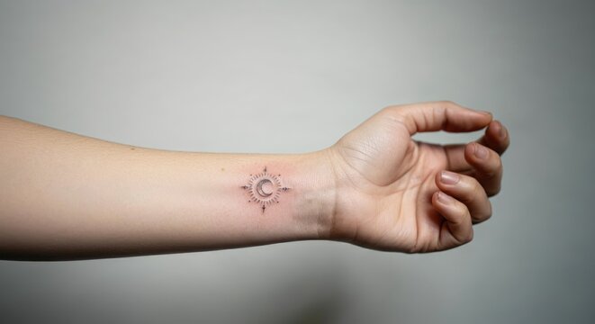 Female hand showing moon and sun tattoo on wrist