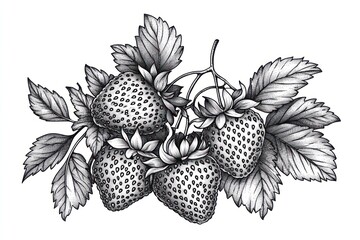 Three strawberries on vine, leaves, white background; food, recipe, label