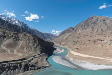 The meeting point of Zanskar and Indus rivers in Ladakh India