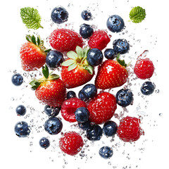 Fresh Strawberries Blueberries and Raspberries Bursting with Milk Isolated on Transparent Background