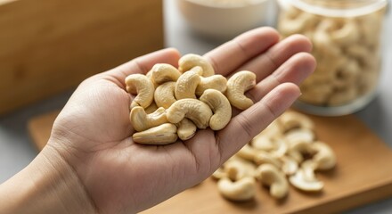 Hand holding cashew nuts over wooden board with more cashews in background