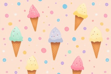 Pastel ice cream cones pattern, colorful sprinkles on a peach background. Perfect for summer designs, food blogs, or sweet treat projects.