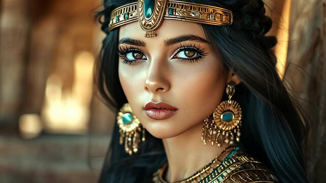 pretty Ancient Egyptian woman wearing ancient historical attire with headdress at ancient castle