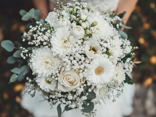 Elegant Bridal Bouquet with White Flowers and Greenery for Wedding Ceremony, Soft Natural Light and Romantic Atmosphere