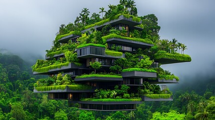 Naklejka premium Futuristic green building complex nestled amid lush tropical vegetation