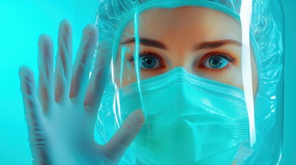 A healthcare professional in protective gear reaches out, emphasizing safety and hygiene in a medical setting.