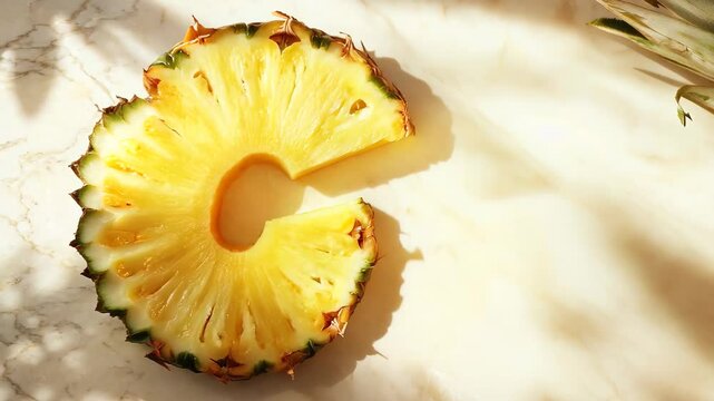 A close-up of a fresh, juicy pineapple slice on a marble surface, with a whole pineapple in the background. The warm sunlight creates soft shadows, highlighting the vibrant yellow fruit and enhancing 