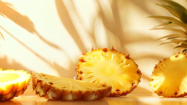 A vibrant image showcasing fresh pineapple slices placed next to a whole pineapple, bathed in warm, soft sunlight. The tropical fruit is illuminated beautifully, casting gentle shadows 