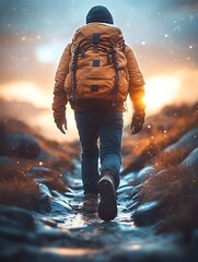 Hiker Walking Towards Sunset on Mountain Trail with Backpack and Boots
