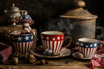 Fototapeta premium Decorative american themed teacups and accessories on wooden surface