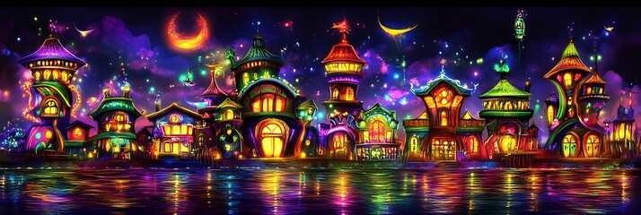 Obraz premium Illuminated fantasy city on water at night with stars, moon, and a magical vibe, for decor