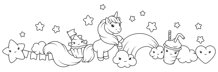 Background with unicorn. Happy birthday party invitation.