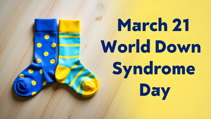 A banner image created for world down syndrome day 2025 with blue and yellow color socks