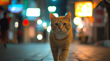 A graceful cat with a confident gait walks along a night city street surrounded by flickering neon signs and advertising banners