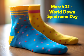 A banner image created for world down syndrome day 2025 with blue and yellow color socks