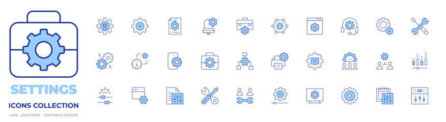 Settings icons collection. Line Duotone style, editable stroke. error, support, cogwheel, network, tool, easy installation, file, job, calendar, settings, control