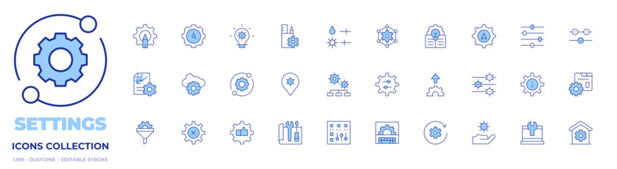 Settings icons collection. Line Duotone style, editable stroke. controls, outsourcing, management, work in progress, filter, control panel, project, idea, clock