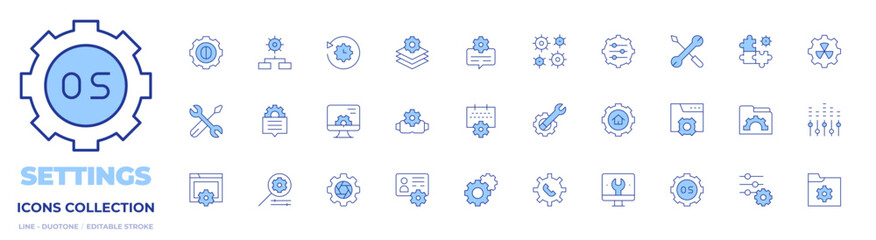 Settings icons collection. Line Duotone style, editable stroke. gear, event, website, message, tool, gears, settings, restore settings, layers, account, folder