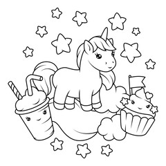 Print with unicorn. Happy birthday party design.