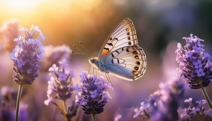 A delicate butterfly perched on a lavender flower, captured in intricate detail, with soft, natural lighting highlighting the vibrant colors of the butterfly and the calming lavender petals.
