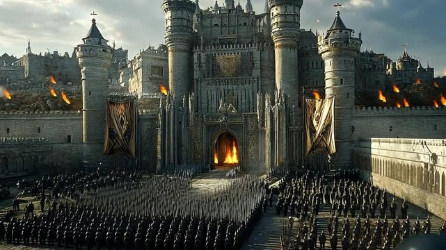Epic siege of a medieval castle, with vast army and fires, symbolizing conflict and power