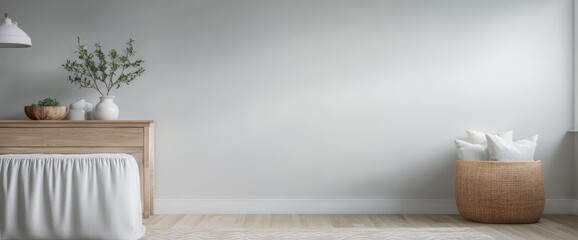 Modern minimalist living room with natural elements and neutral colors