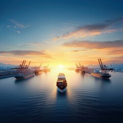 Obraz premium Sunset Over Port with Cargo Ships and Cranes in Tranquil Waters