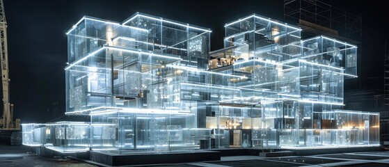 Fototapeta premium Futuristic cyberpunk build site translucent glass blocks glowing LEDs night scene dirt cables visible.