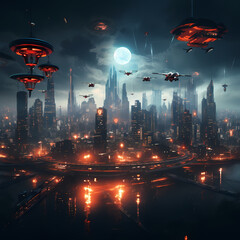 Cyberpunk city skyline with flying drones.