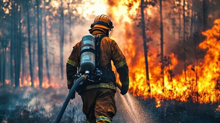 Naklejka premium Firefighter in Protective Gear Battling Wildfire with Flames and Smoke