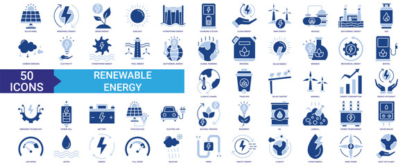 Renewable energy icon collection set. Containing sunlight, wind, water, biofuel, oil, biogass, biodiesel, hydropower, climate and solar panel icon. Simple flat vector. © Luckyicons