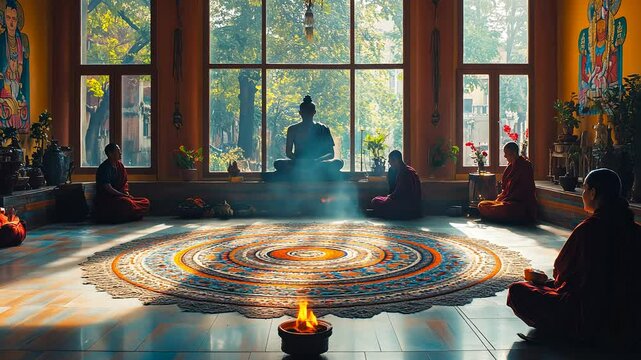 Tibetan monks elegantly create a colorful sand mandala within a tranquil monastery, surrounded by soft sunlight filtering through windows, embodying spirituality and artistic devotion.