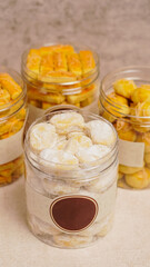 Putri salju cake is a type of dry cake that is shaped like a crescent moon and is topped with powdered sugar like snow.