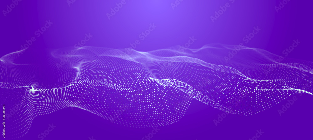 Poster Futuristic wave of dots with moving particles. Abstract technology background. 3D visualization of big data. 3D rendering.