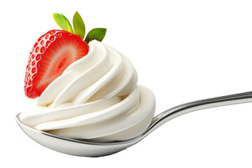 Fluffy whipped cream with a fresh strawberry slice on a spoon, isolated on white
