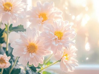 Fototapeta premium Elegant White Daisies Bathed in Soft Natural Light with Blur Effect Creating a Serene and Peaceful Atmosphere for Home Decor and Floral Arrangements
