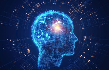 Fototapeta premium Digital Human Head Silhouette with Glowing Neural Network in Blue Background. Concept of AI Technology and Machine Learning