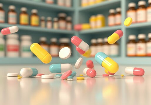 Colorful capsules and tablets falling on a pharmacy counter