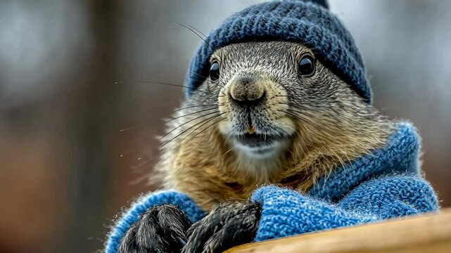 Squirrel wearing a blue hat and a blue sweater. The squirrel is looking at the camera. The image has a playful and lighthearted mood