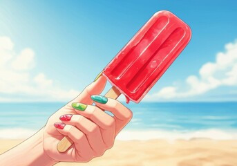 Colorful hand holding a red popsicle against a sunny beach backdrop