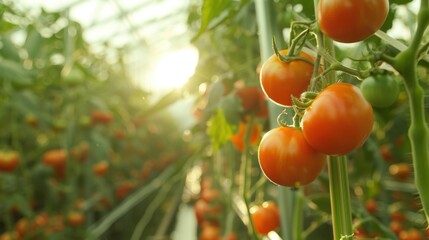 Ripe Tomatoes Growing in Greenhouse Sunlight.