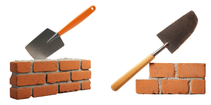 bubbly brick wall with cute trowels, showcasing construction tools and materials