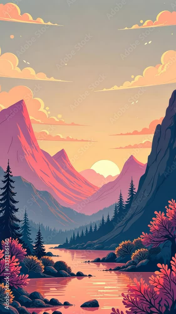 Poster a mountain range with a river running through it. the mountains are pink and the sun is setting