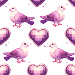 Love-themed seamless pattern with doves and happy hearts. Cartoon-style pigeons and decorative hearts repeating pattern